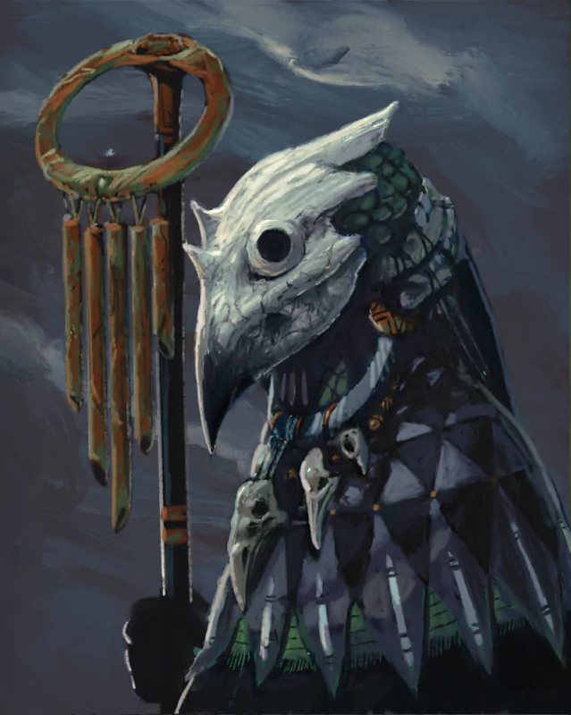 Acolyte of the Altar character art depicting a mysterious figure in bird-like mask and ornate robe holding a ritualistic staff, from a video game.