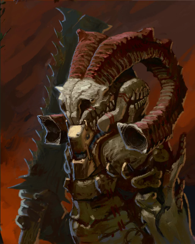 Digital artwork of a menacing Acolyte of the Altar character from a video game, featuring a skull-like face with a large horned helmet.