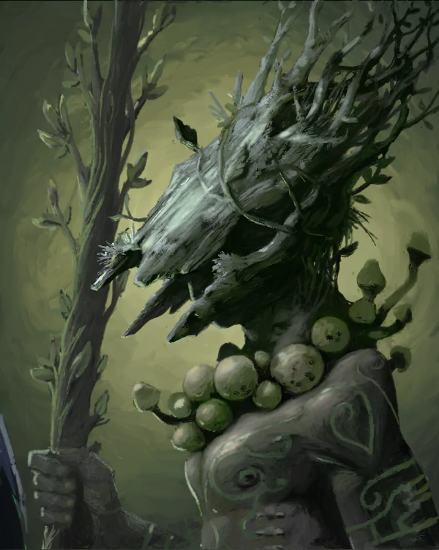 Digital artwork of a mystical 'Acolyte of the Altar' character from a video game, featuring a figure adorned with a wooden mask and branch-like growths.