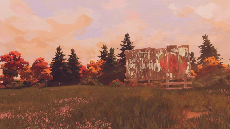 Scenic view of a countryside landscape with rustic billboard from the video game Open Roads.