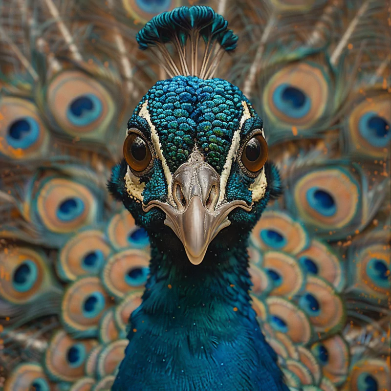 Close-up of a peacock showing its vibrant blue feathers and intricate eye-spotted tail patterns.