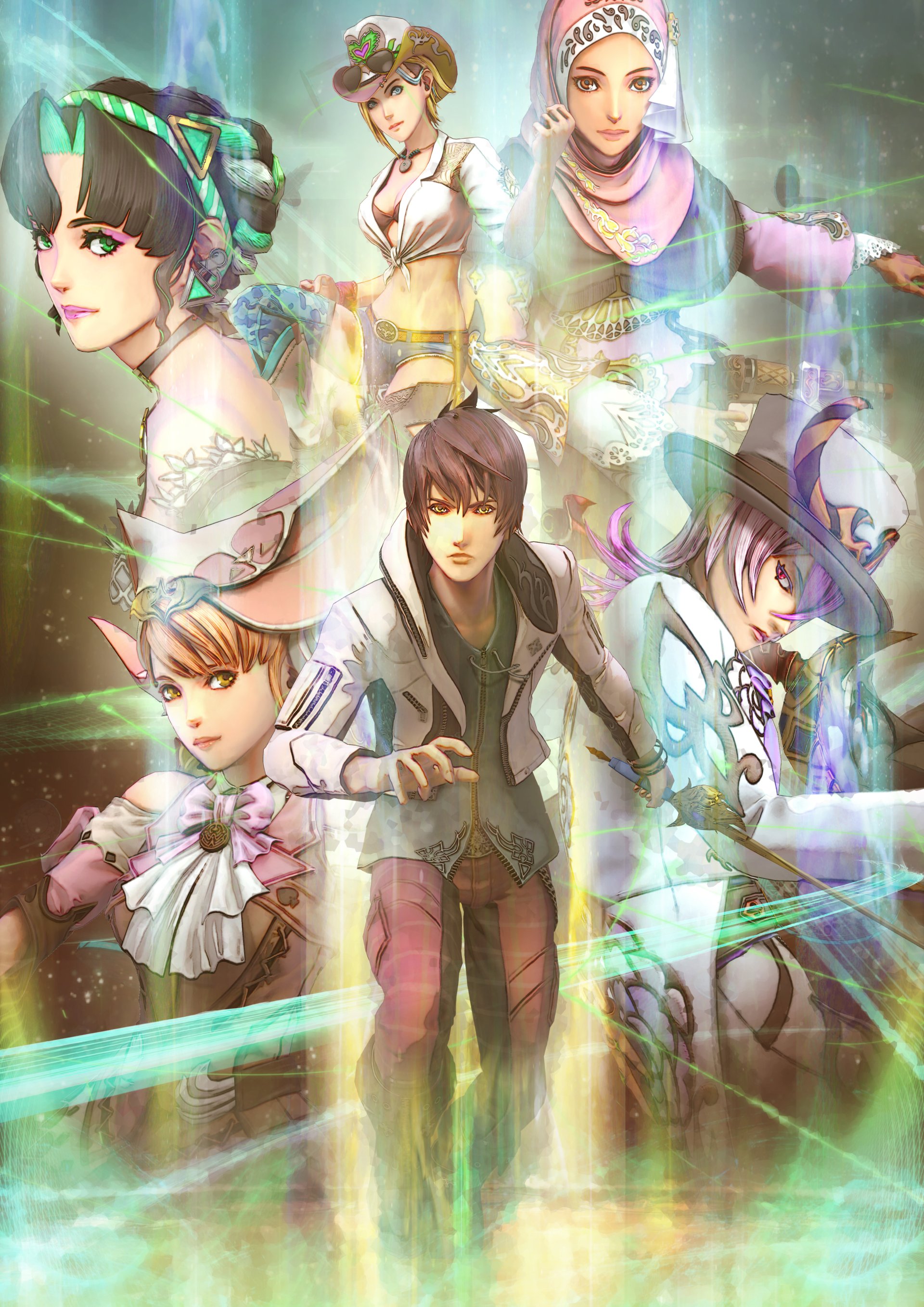 A vibrant artwork featuring diverse characters from the video game SaGa: Scarlet Grace – Ambitions, highlighting the game's fantasy elements and distinctive character design.