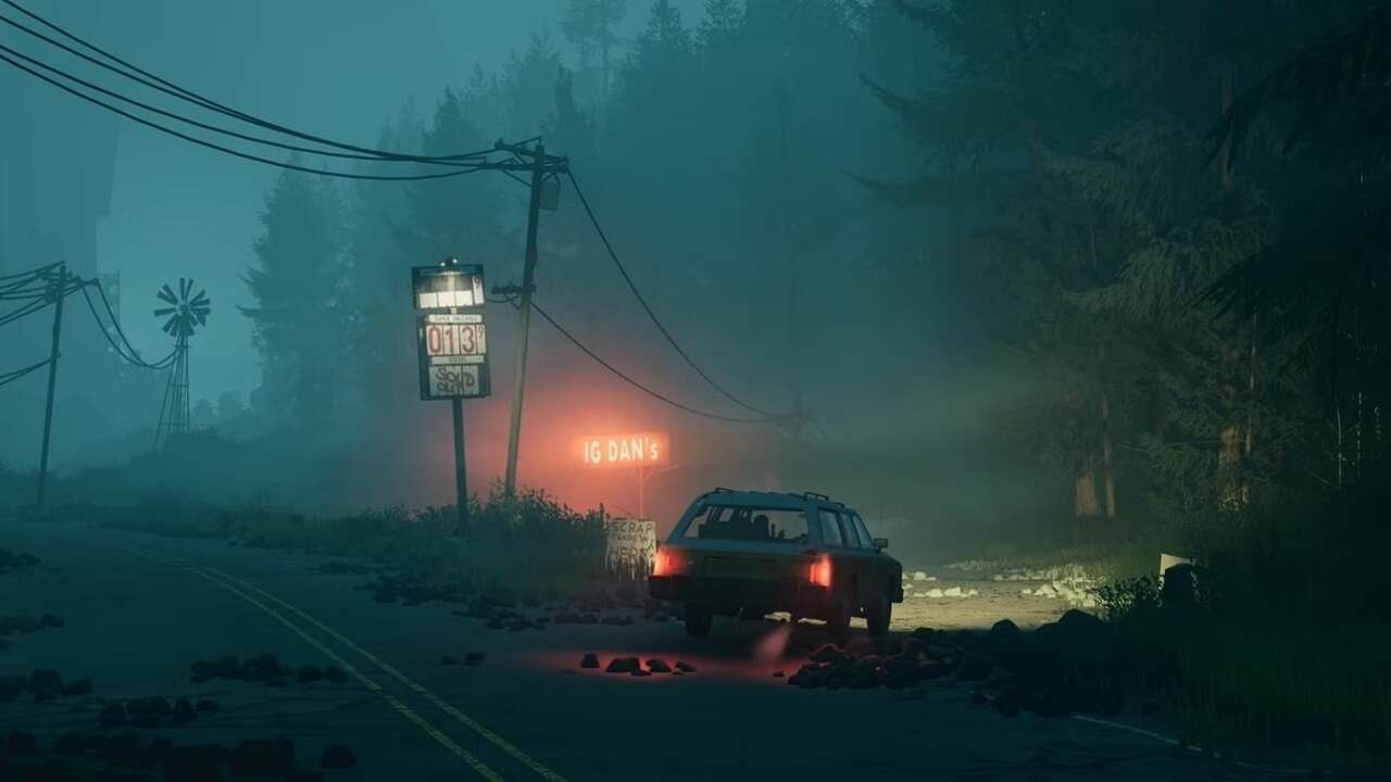 A mysterious scene from Pacific Drive video game showing a car driving through a foggy, wooded area at dusk with neon lights in the background.
