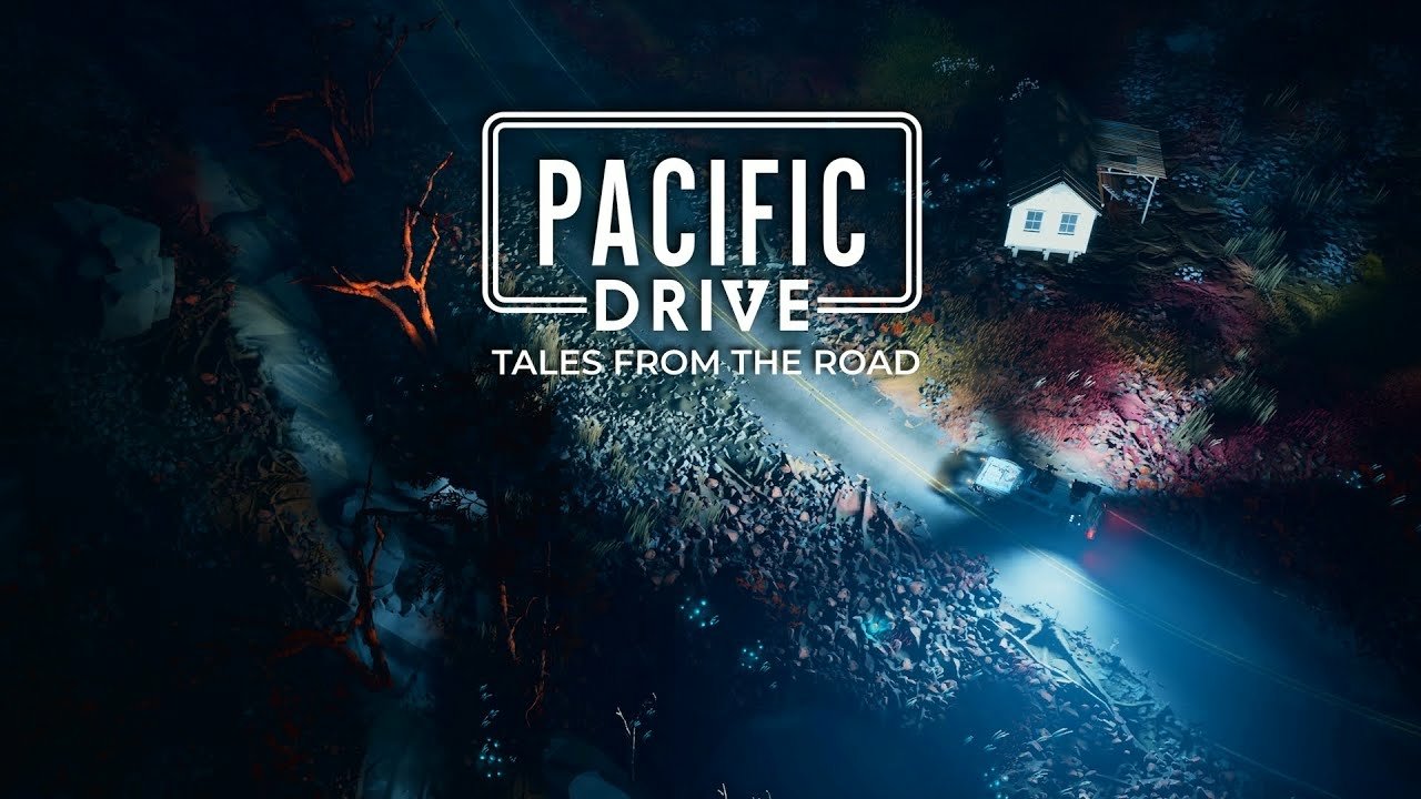 Promotional artwork for the video game Pacific Drive, featuring a house surrounded by dense forest at night with the title displayed prominently above.
