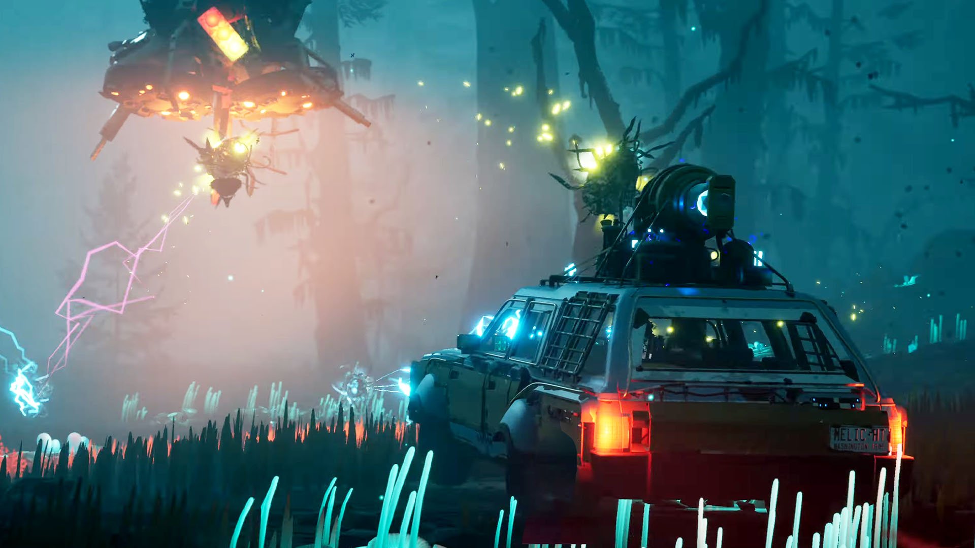 Pacific Drive video game scene with a vehicle exploring a mysterious, luminescent forest environment.