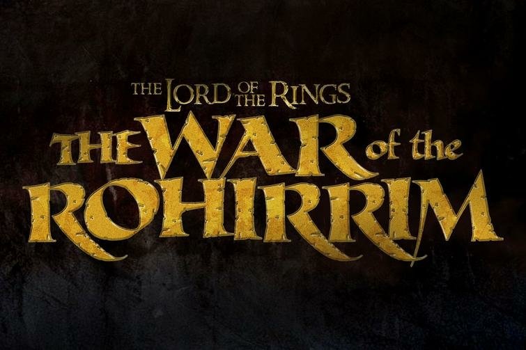 Promotional graphic for 'The Lord of the Rings: The War of the Rohirrim' movie with stylized title text on dark background.
