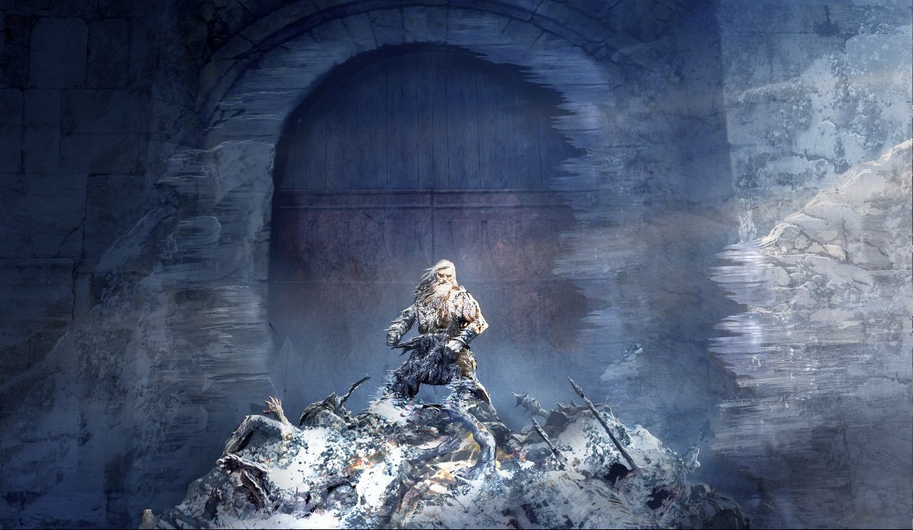 Concept art from 'The Lord of the Rings: The War of the Rohirrim' featuring a lone warrior standing before a large stone archway.