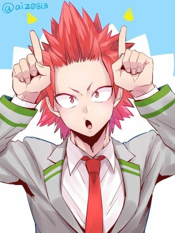 Eijiro Kirishima from My Hero Academia poses with both hands making horn-like gestures, wearing his UA school uniform and displaying his signature spiky red hair.