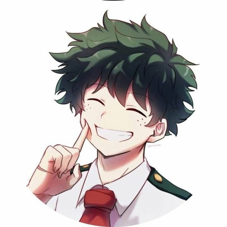 Smiling Izuku Midoriya from My Hero Academia with messy green hair, wearing his school uniform and red tie, playfully touching his cheek.