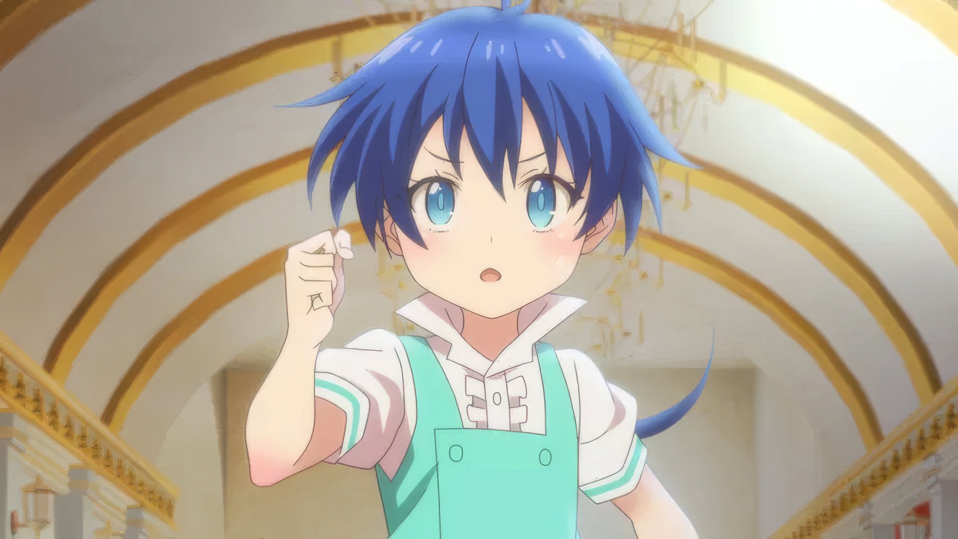 Anime boy with blue hair showing determination from I Was Reincarnated as the 7th Prince So I Can Take My Time Perfecting My Magical Ability.