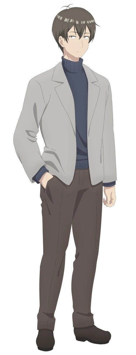 Anime character from 'A Salad Bowl of Eccentrics' standing with hands in pockets wearing a light jacket and brown pants.