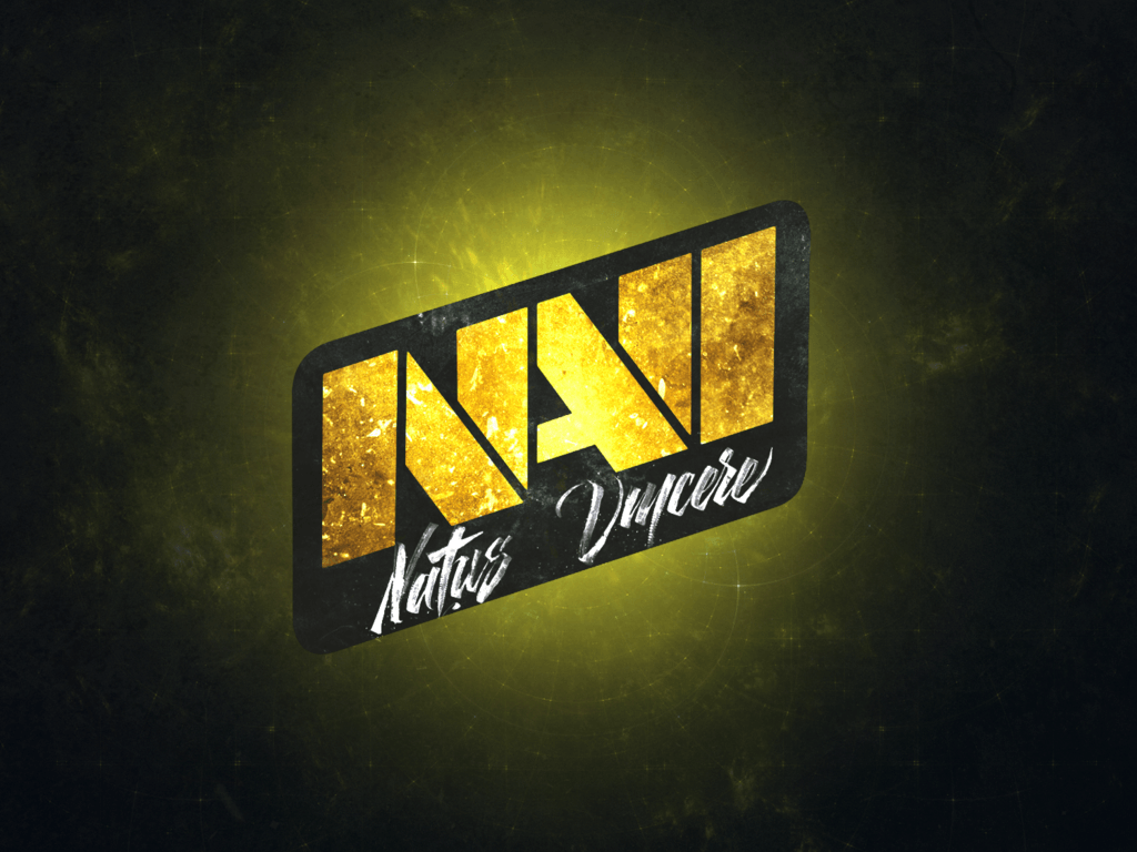 Logo of Natus Vincere, popular esports organization known as Na'Vi, with golden textured lettering on a dark, grungy background, symbolizing its impact in the video game competitive scene.