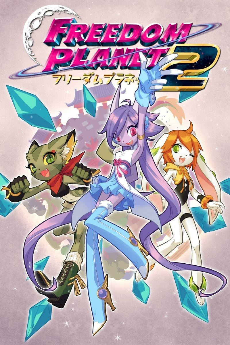 Promotional artwork for Freedom Planet 2 featuring the game's main characters in dynamic poses against a stylized background, highlighting the action-adventure elements of the video game.
