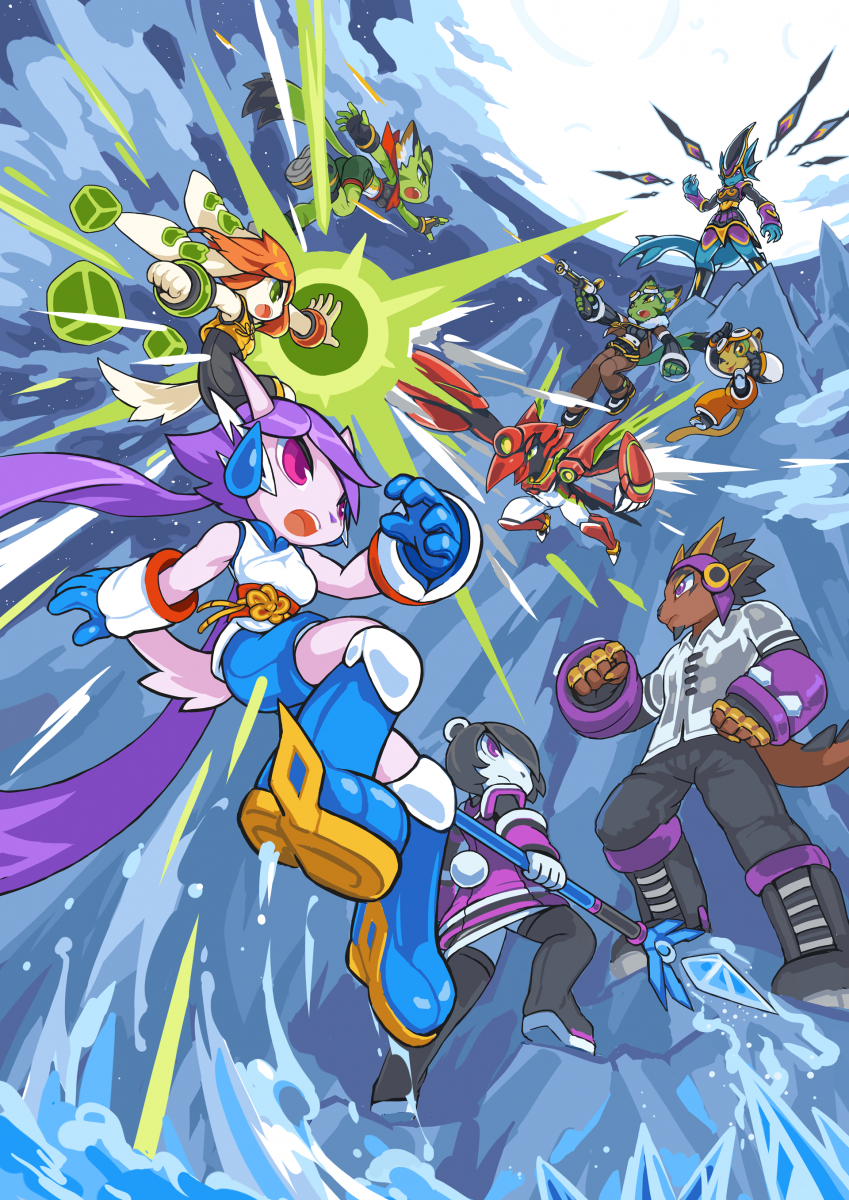 Dynamic illustration of characters from the video game Freedom Planet 2 engaged in action-packed gameplay.