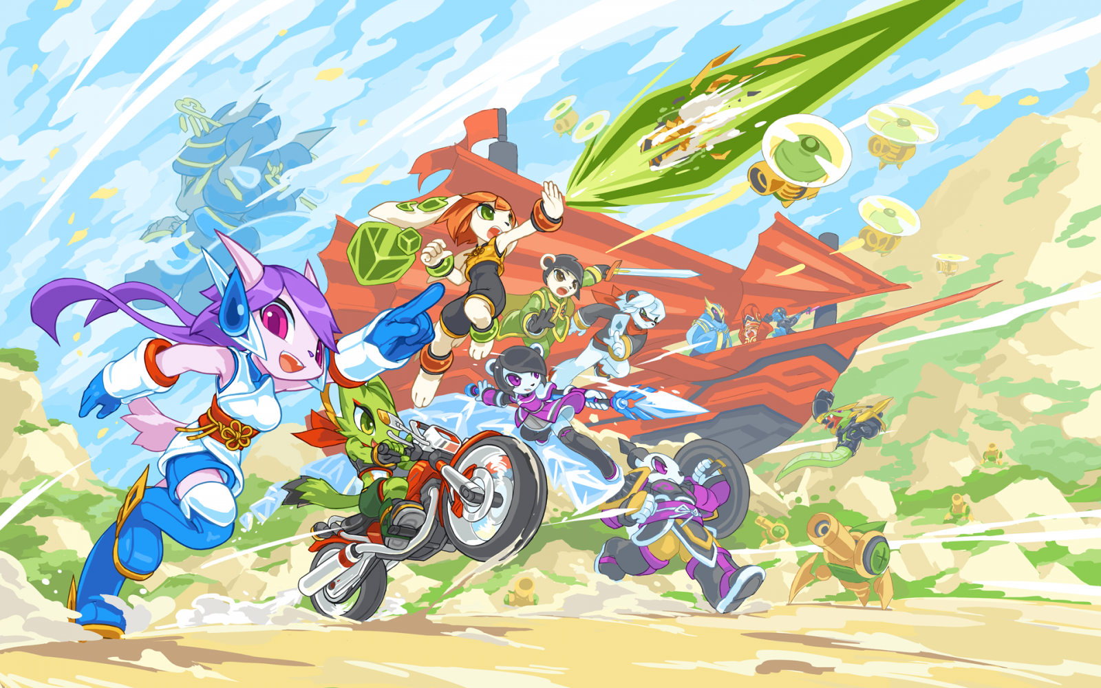 Colorful artwork of characters and vehicles from the Freedom Planet 2 video game in a dynamic action scene.
