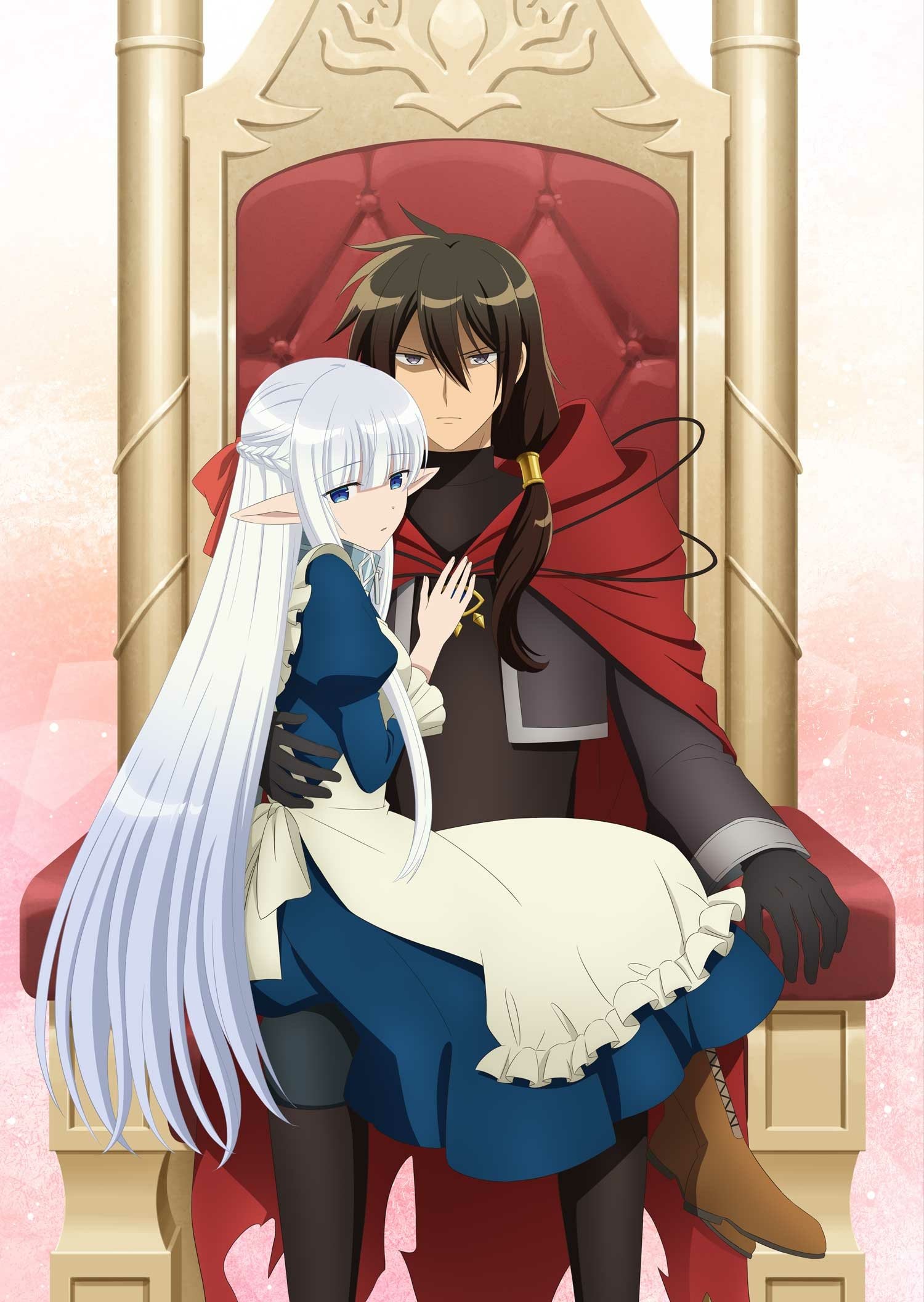 Anime characters from An Archdemon's Dilemma: How to Love Your Elf Bride, with a male figure seated on a throne and a female elf embracing him tenderly.