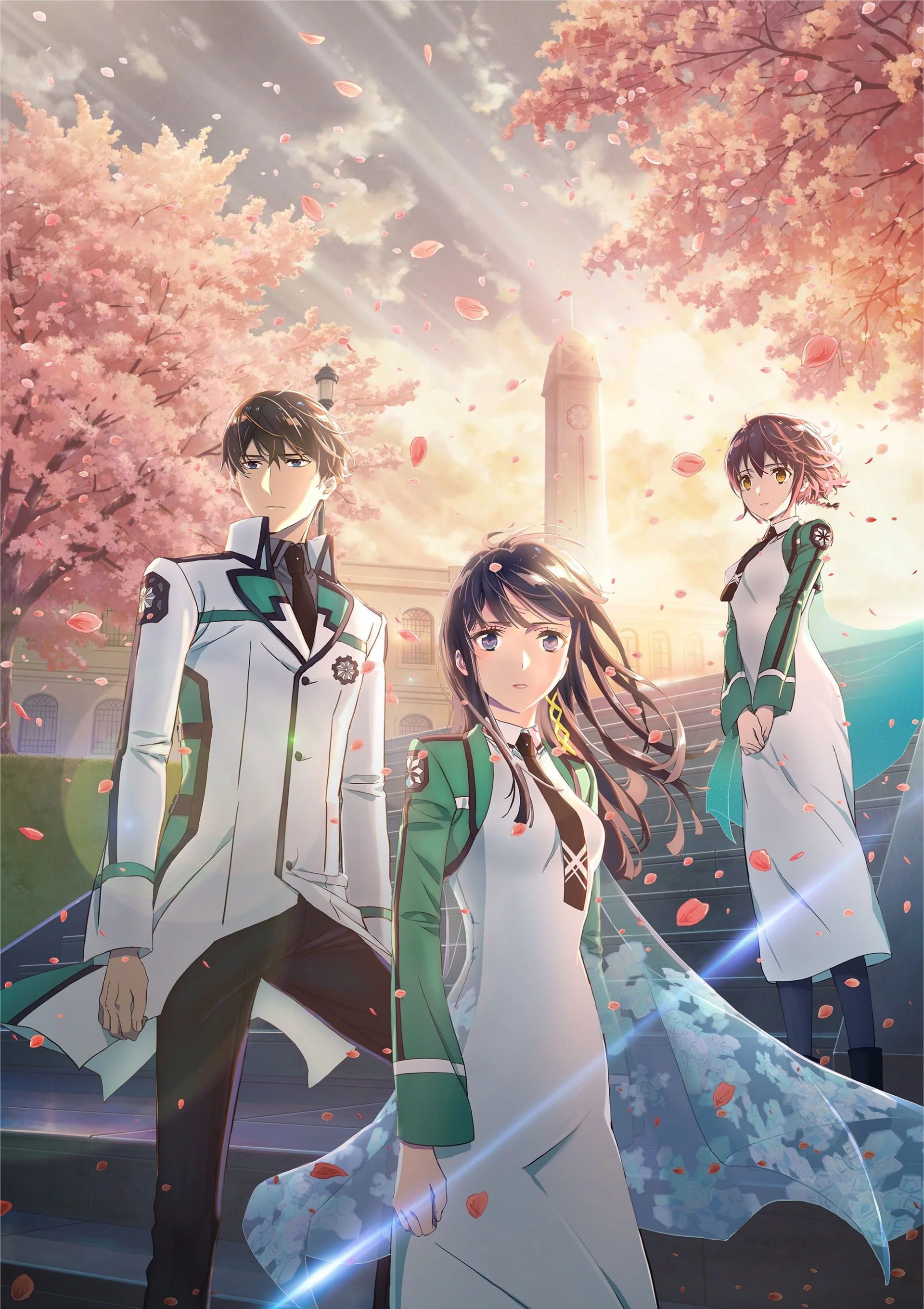 Anime characters from The Irregular at Magic High School standing amidst falling cherry blossoms with a backdrop of a glowing sunset and a tower.