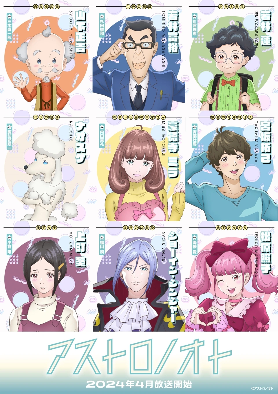 Colorful poster of 'Astro Note' anime characters featuring a diverse cast, including an elderly man, a scientist, a lively woman, a poodle-like creature, and several young characters with a 2024 calendar background.