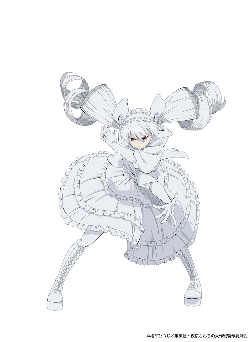 Illustration of an anime character from Mission: Yozakura Family in a dynamic pose wearing a frilly outfit with large bows in her hair.