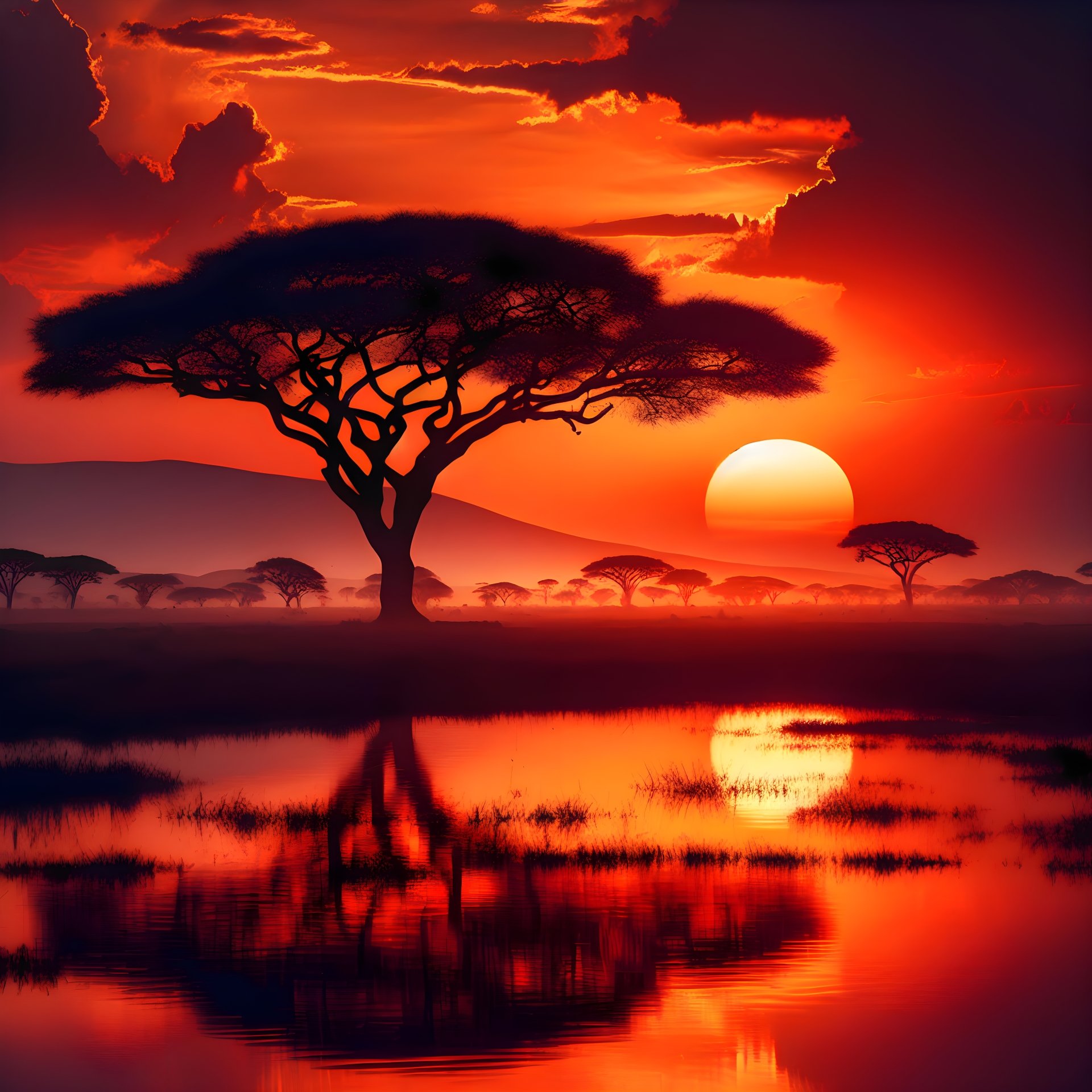 Stunning sunset with acacia tree silhouette by gabruwallpapers