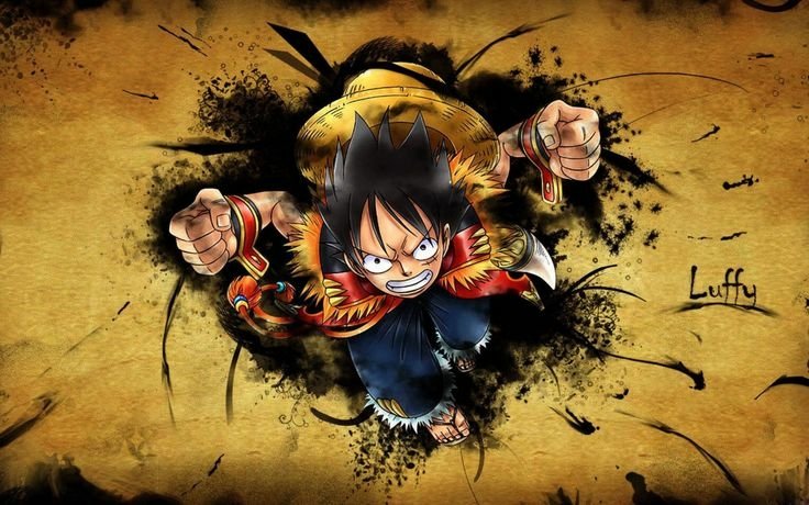Dynamic illustration of Monkey D. Luffy from One Piece bursting forward with clenched fists against a textured, grunge background.
