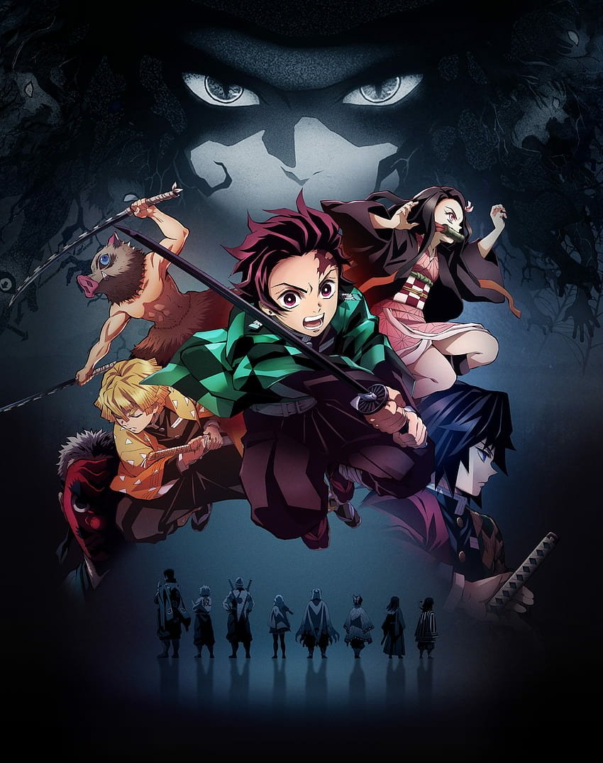 Prominent characters from Demon Slayer: Kimetsu no Yaiba, including Tanjiro and Nezuko, positioned dynamically with intense eyes glaring in the dark background.