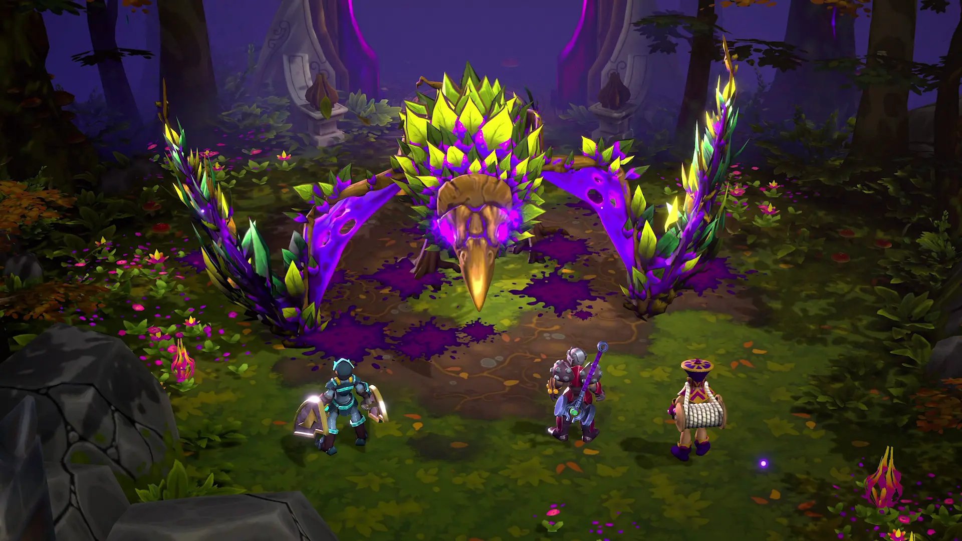 Characters exploring a mystical forest with vibrant crystals in the video game Inkbound.