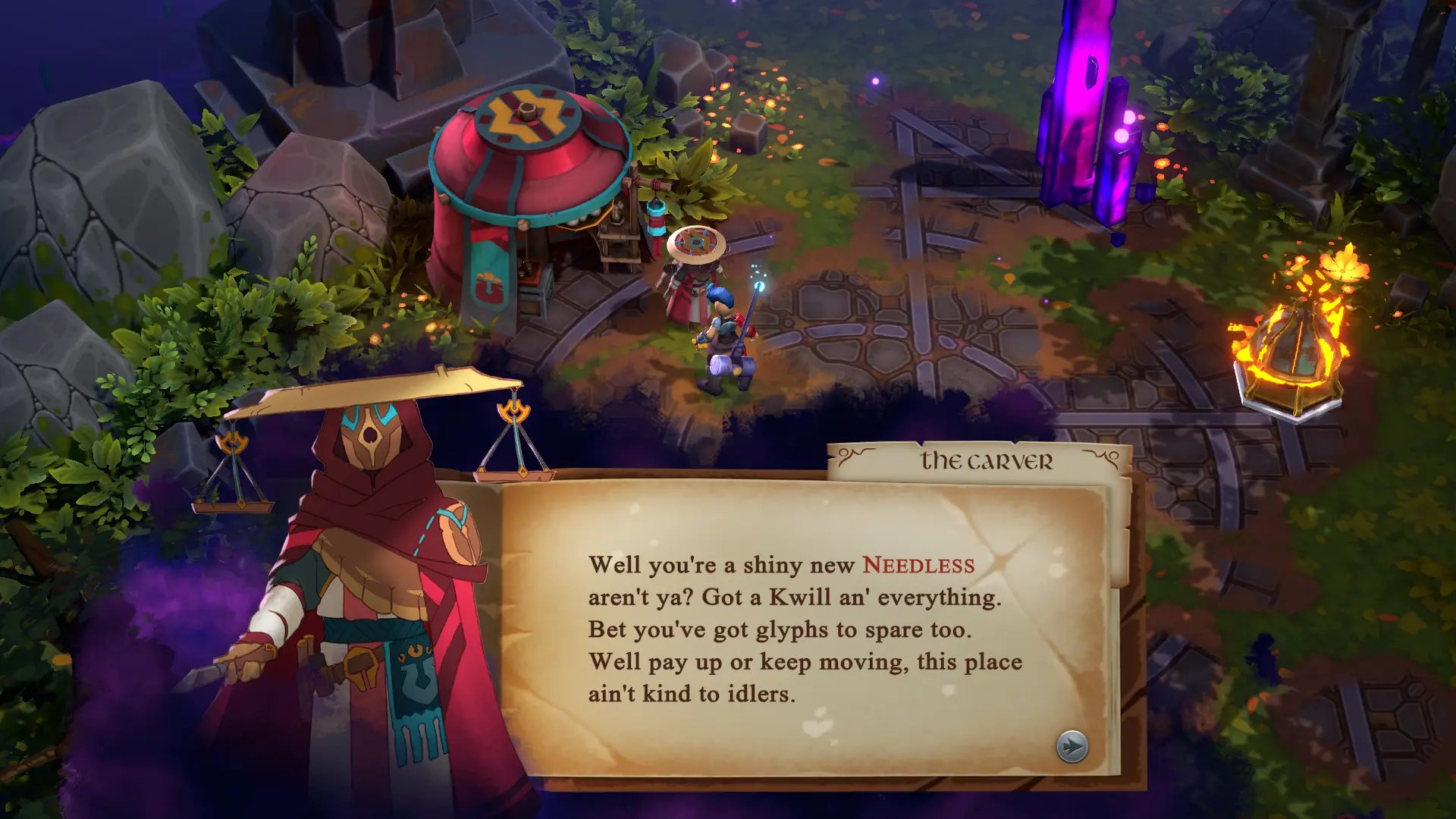 In-game screenshot from 'Inkbound' video game featuring a dialogue box and mystical village environment at night.