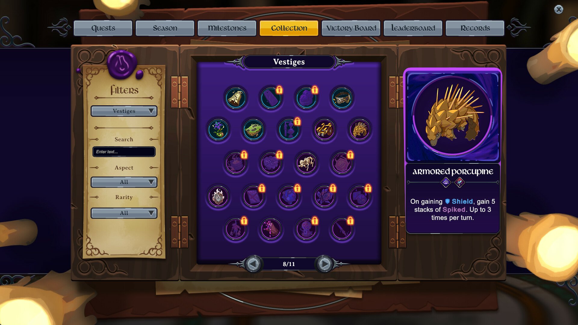 Screenshot of 'Inkbound' video game showing the interface of the 'Relics' collection with a highlighted vestige power-up.