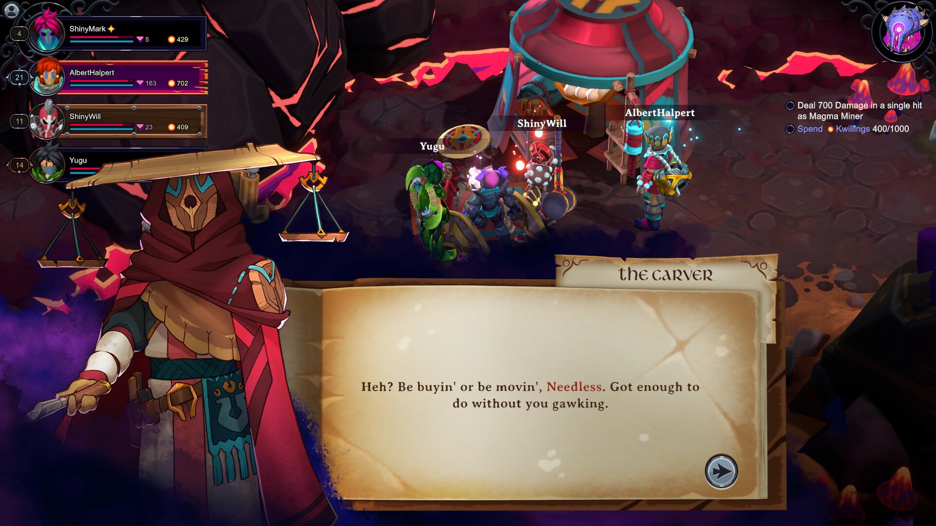 In-game screenshot from Inkbound featuring players in combat with fantasy environment and dialogue box visible.