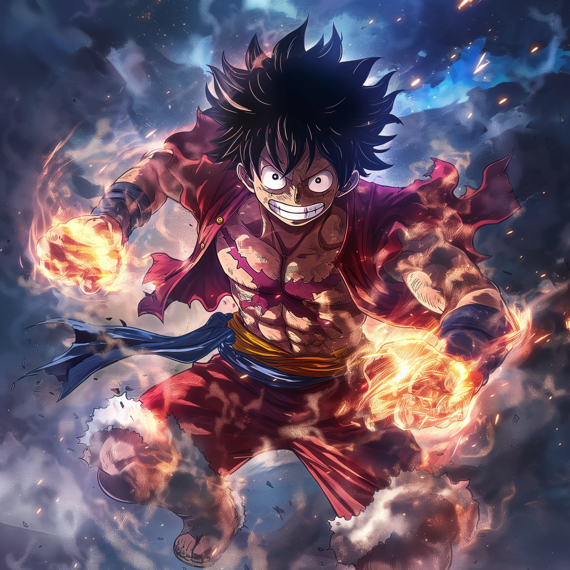 Anime illustration of One Piece's Monkey D. Luffy in Gear 5, roaring midair with blazing fists and a torn red outfit, surrounded by smoke, embers, and stormy skies.
