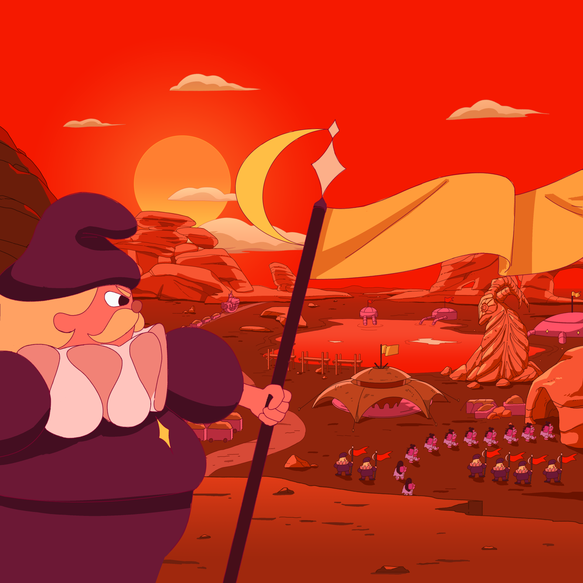 Illustration from the video game Let's! Revolution! showing a cartoon character holding a flag on a hill, overseeing a group of characters marching in a desert-like landscape under a reddish sky with multiple suns.