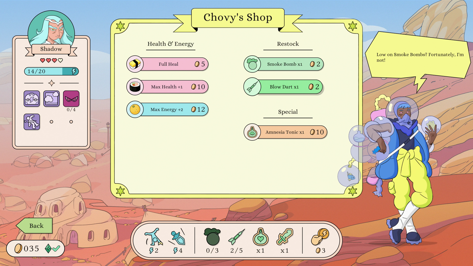 A screenshot from the video game Let's! Revolution! showing an in-game shop menu titled Chovy's Shop with items for sale, and a character standing to the right holding a bag of goods. The background depicts a stylized desert landscape.
