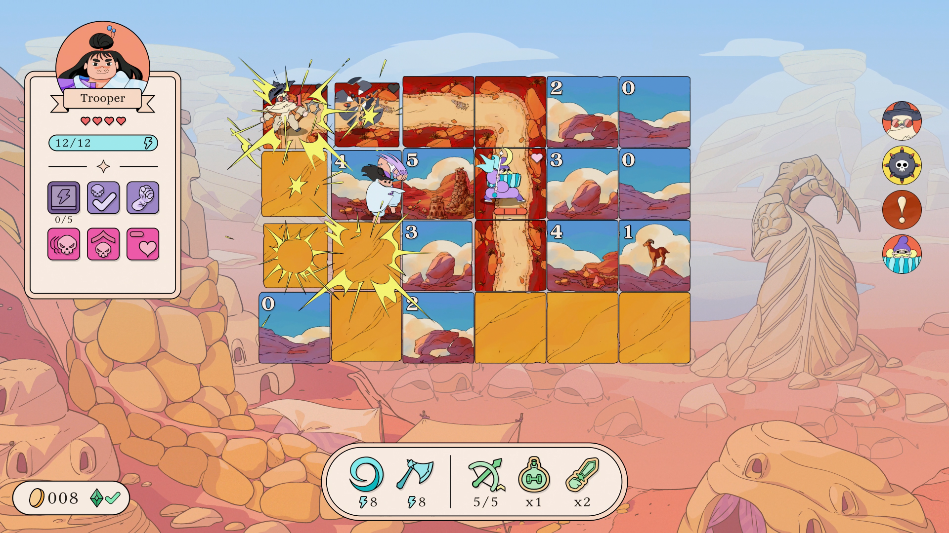 A screenshot from the video game Let's! Revolution! featuring a vibrant match-three puzzle interface with animated explosions, character avatars, health bars, and in-game power-up icons, all set against a desert landscape backdrop.