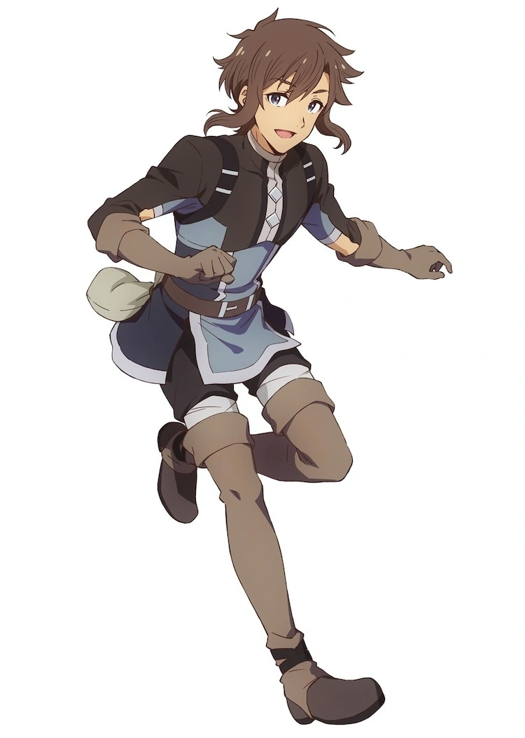 Illustration of a young anime character from Chillin' in Another World with Level 2 Super Cheat Powers with a cheerful expression, wearing an adventurer's outfit, running energetically.