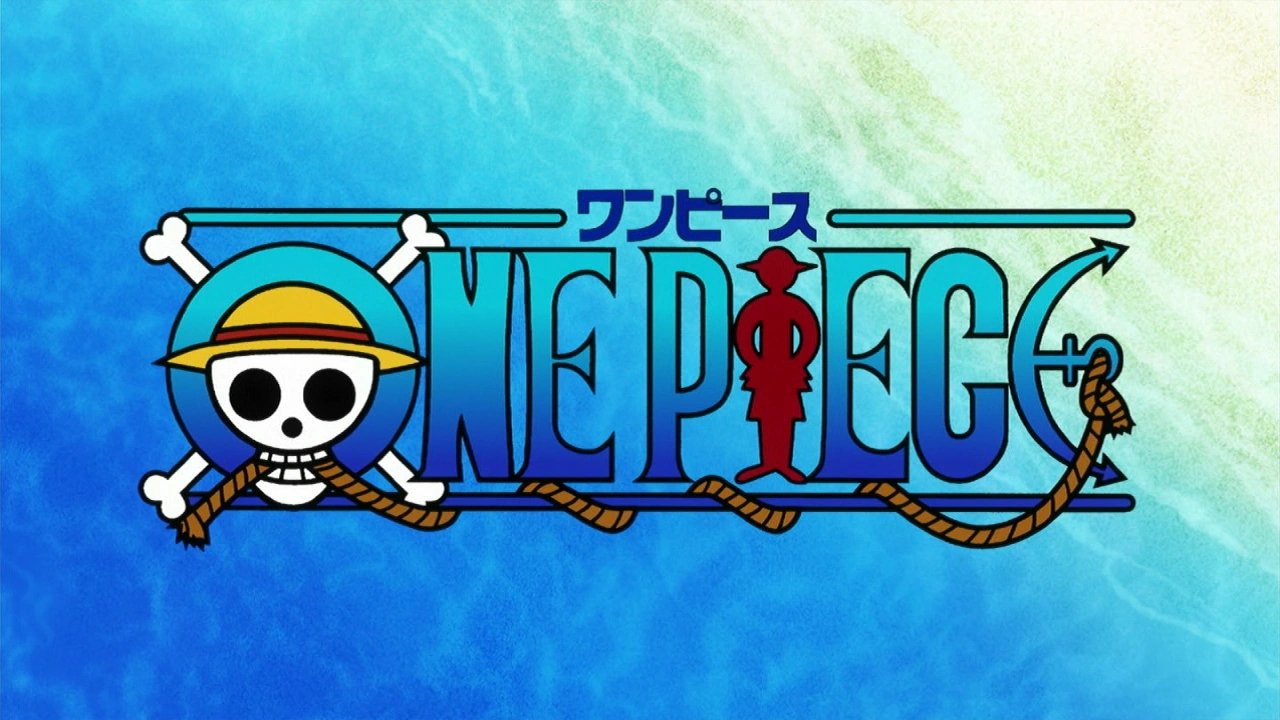 The One Piece logo features a stylized skull wearing a straw hat, with the title text incorporating nautical elements and a pirate theme.