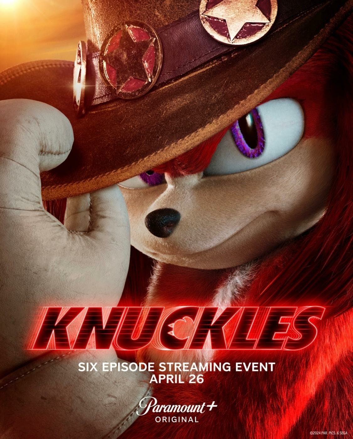 Promotional poster for a TV show featuring a close-up of Knuckles the Echidna, an animated character with red fur, wearing a brown hat with star badges. The text announces a six-episode streaming event starting April 26 on Paramount+.