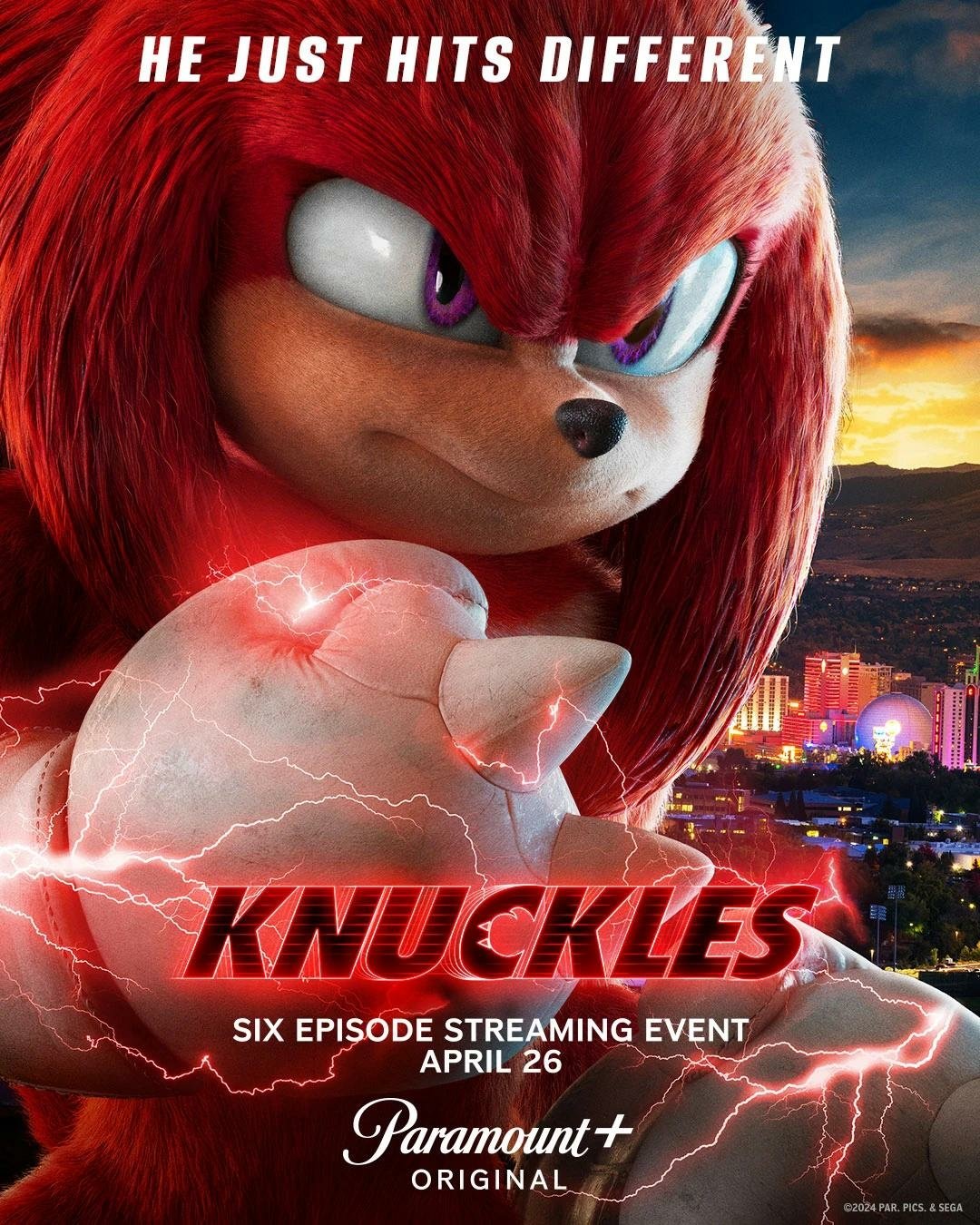 Promotional poster for a streaming event featuring Knuckles the Echidna, with the character in a dynamic pose against an evening city skyline, highlighting the premiere date on Paramount+.