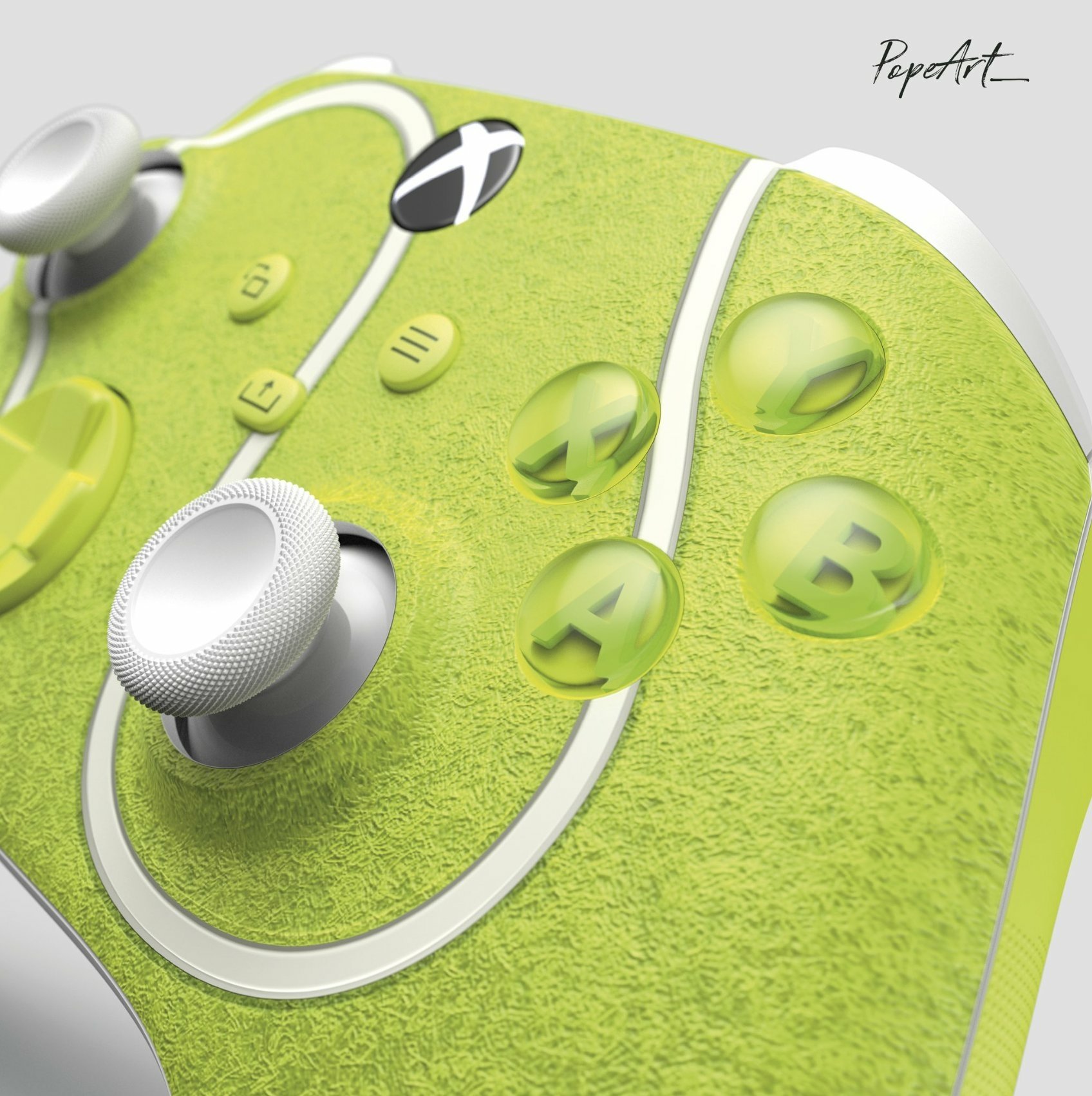 Close-up view of a custom Xbox controller with grass-texture surface and vibrant green buttons, artistically portrayed by Pepetz.