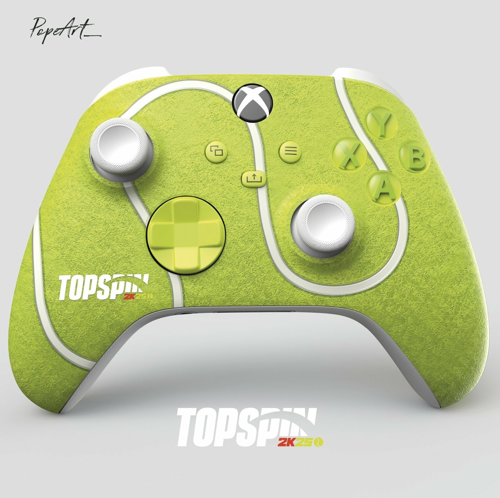 A green Xbox controller featuring a tennis ball texture and Top Spin 2K20 branding, with an Xbox logo on the guide button.