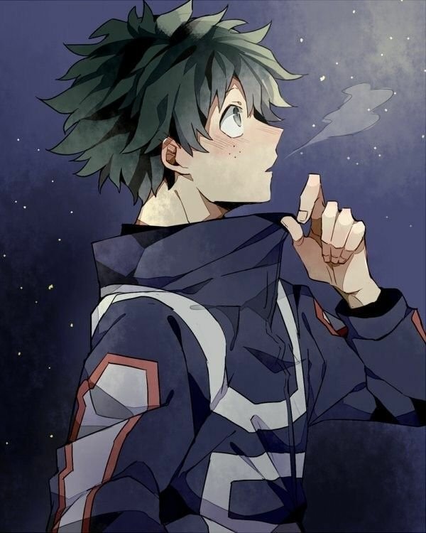 Izuku Midoriya in a UA-style hero jacket, side profile gazing at a starry night sky, visible breath mist, tousled green hair and light freckles.