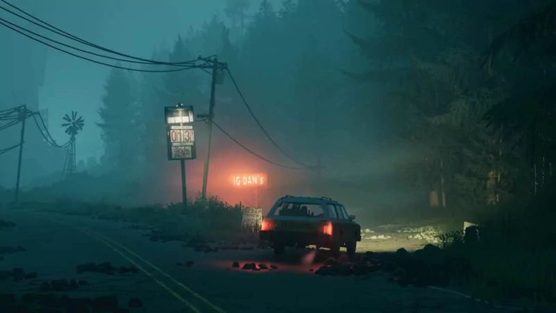 A mysterious scene from Pacific Drive video game showing a car driving through a foggy, wooded area at dusk with neon lights in the background.