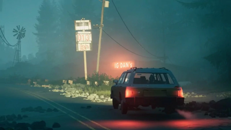 Car driving on a foggy road at dusk with glowing eyes on the roadside from the video game Pacific Drive.