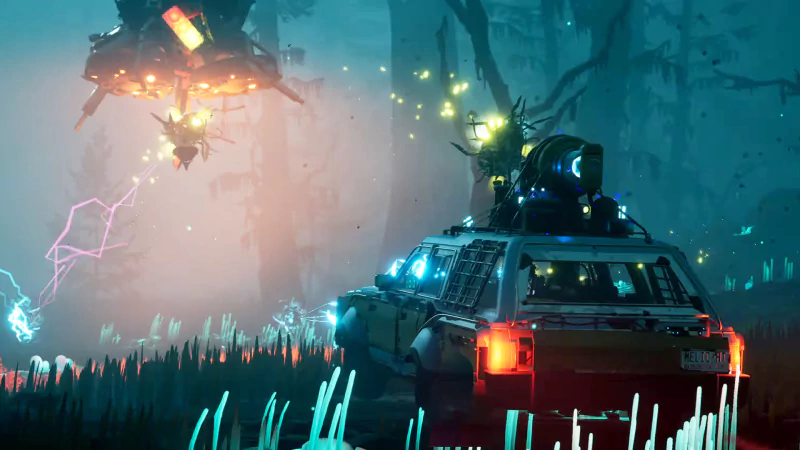 Pacific Drive video game scene with a vehicle exploring a mysterious, luminescent forest environment.