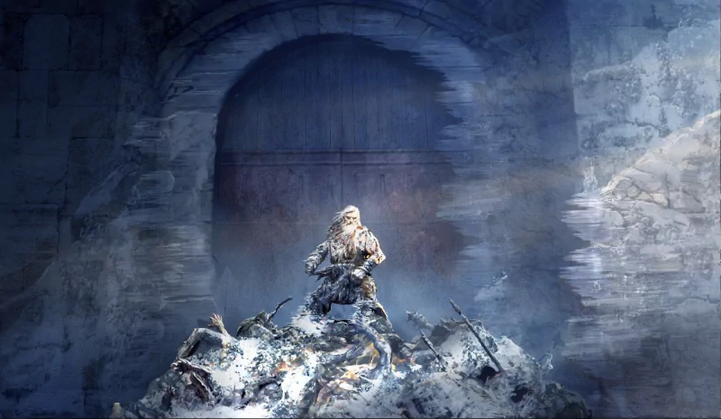 Concept art from 'The Lord of the Rings: The War of the Rohirrim' featuring a lone warrior standing before a large stone archway.