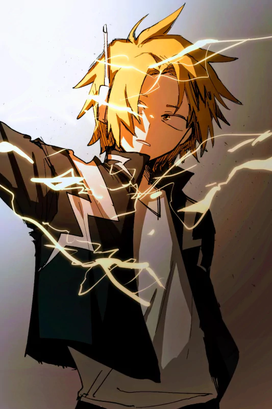 Denki Kaminari from My Hero Academia generates electric sparks around him, his blonde hair illuminated by the glowing energy.