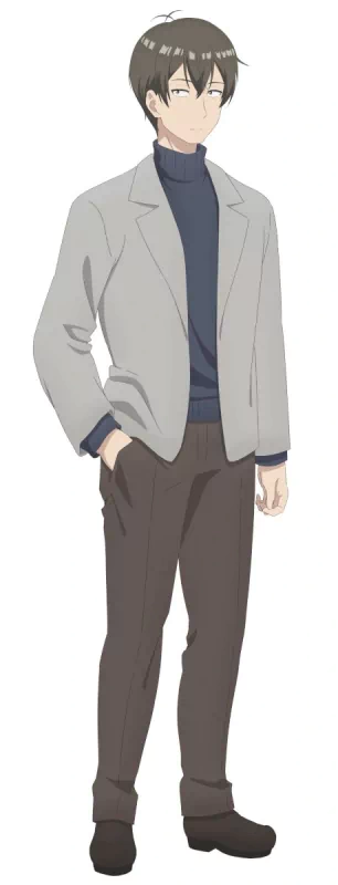 Anime character from 'A Salad Bowl of Eccentrics' standing with hands in pockets wearing a light jacket and brown pants.