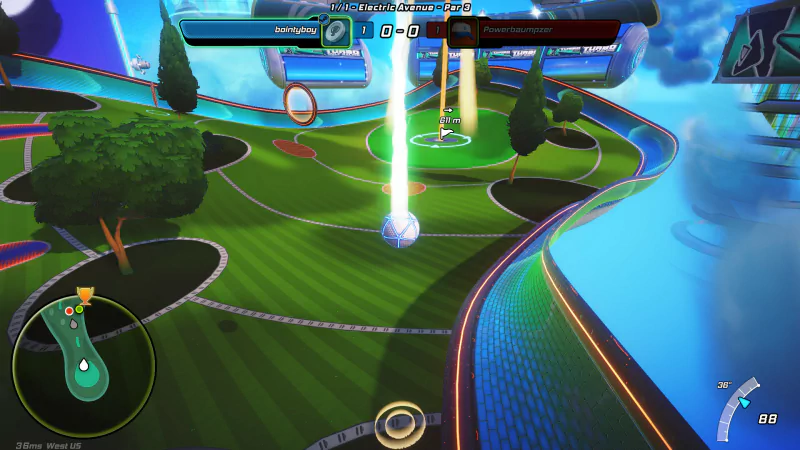 In-game screenshot of Turbo Golf Racing video game showing a vibrant golf course with futuristic cars and a scenic backdrop.