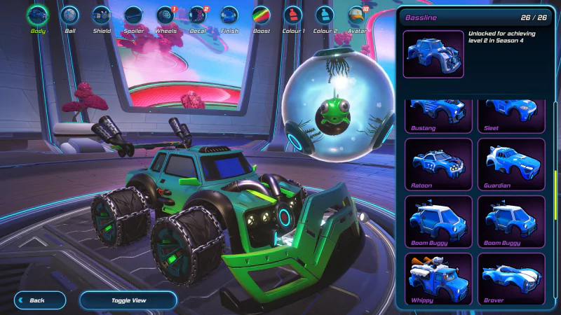 Screenshot from the video game Turbo Golf Racing showing a custom green racecar in the garage with various car options on the menu screen.
