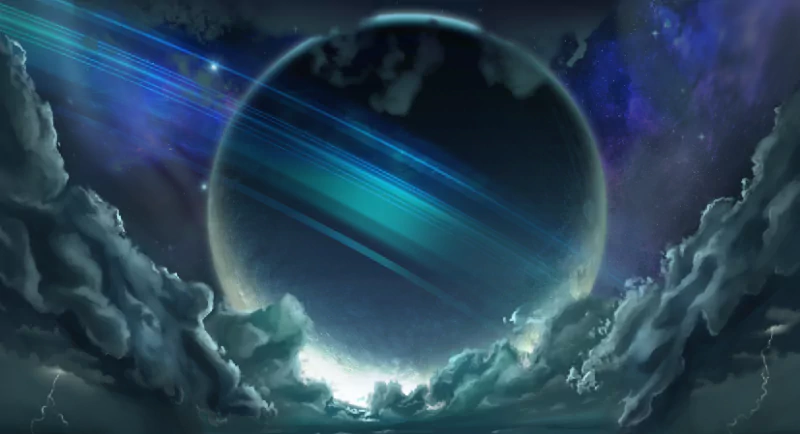 Stunning concept art from Freedom Planet 2 showcasing an otherworldly celestial event with a planet and radiant beams in the cosmos.